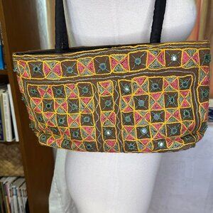 New Embroidered Mirrored Fabric Bag Handcrafted in India, Brown, Blue, Pink